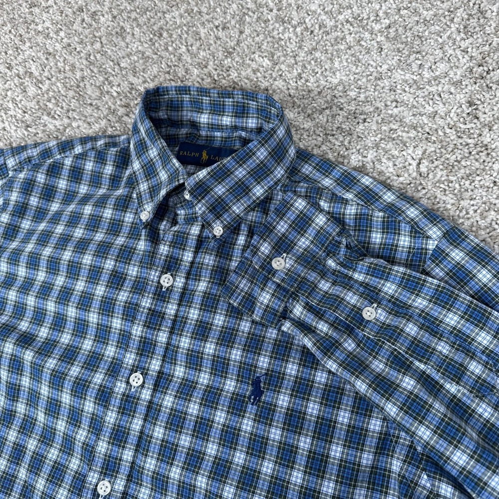 Ralph Lauren Shirt Mens 15.5 39 Blue Green Plaid Button Down Long Sleeve Cotton‎
